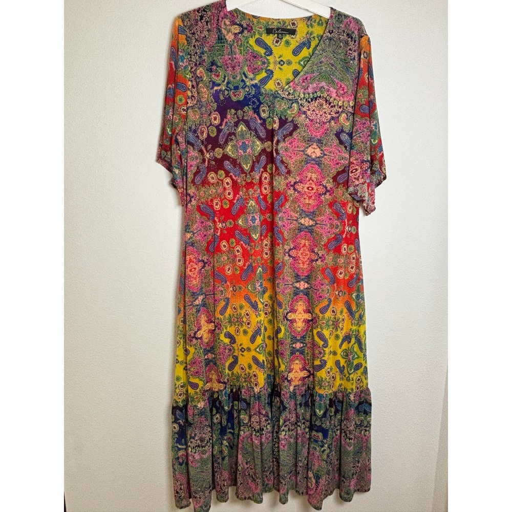 Caleaaa Womens Plus 1X Paisley Floral Maxi Dress V-Neck Ruffle Hem Boho